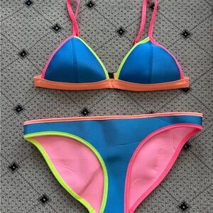 TRIANGL Neoprene Bikini Set Blue Pink Colorblock S Top M Bottom + Bag
